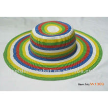 Lady's floppy straw beach hat with strip pattern fancy ladies summer paper straw factory supply